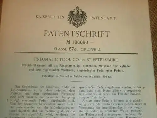 original Patent - Pneumatic Tool Co. in St. Petersburg , 9.01.1906 , Drucklufthammer , Presslufthammer , Russland !!