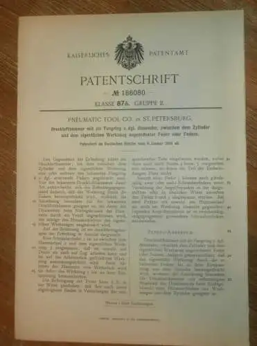 original Patent - Pneumatic Tool Co. in St. Petersburg , 9.01.1906 , Drucklufthammer , Presslufthammer , Russland !!