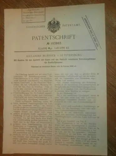 original Patent - Alexander Murinick in St. Petersburg , 13.02.1906 , Preßluftbrenner für Beleuchtung , Russland !!