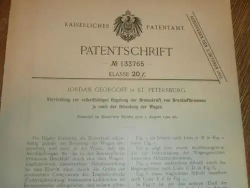 original Patent - Jordan Georgoff in St. Petersburg , 2.08.1900 , Druckluftbremse , Russland !!