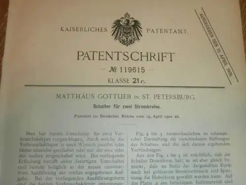 original Patent - Matthäus Gottlieb in St. Petersburg , 19.04.1900 , Stromschalter , Elektrik , Elektriker , Russland !!