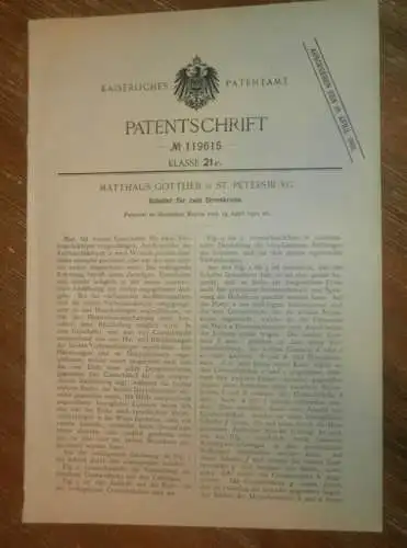 original Patent - Matthäus Gottlieb in St. Petersburg , 19.04.1900 , Stromschalter , Elektrik , Elektriker , Russland !!