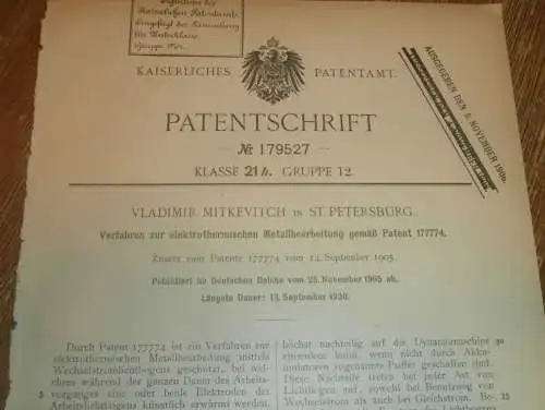 original Patent - Vladimir Mitkevitch in St. Petersburg , 25.11.1905 , elektrothermische Metallbearbeitung , Russland