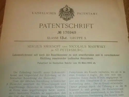 original Patent - Sergius Smirnoff und Nicolai Maiewsky in St. Petersburg , 29.03.1904 , Kessel für Lokomotive Russland