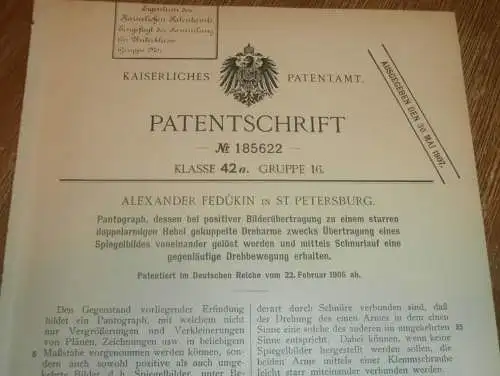 original Patent - Alexander Fedükin in St. Petersburg , 22.02.1905 , Pantograph , Spiegelbilder , Russland !!