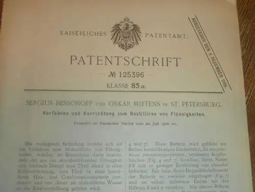 original Patent - Sergius Bessonoff und Oskar Mietens in St. Petersburg , 22.07.1900 , Destillation , Destille Russland