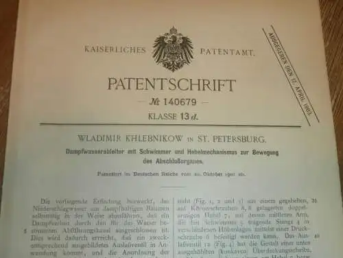 original Patent - Wladimir Khlebnikow in St. Petersburg , 22.10.1901 , Apparat für Dampfmaschine , Russland !!