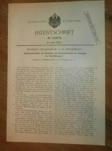 original Patent - Wladimir Khlebnikow in St. Petersburg , 22.10.1901 , Apparat für Dampfmaschine , Russland !!