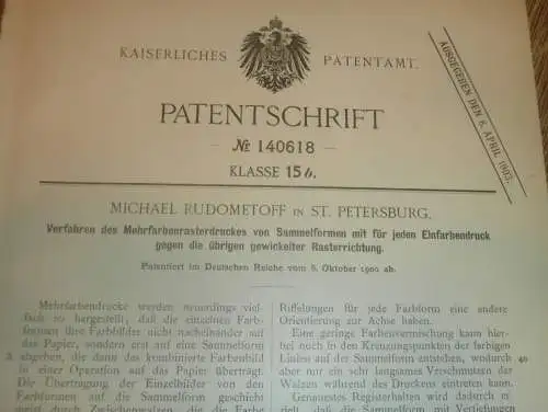 original Patent - Michael Rudometoff  in St. Petersburg , 6.10.1900 , Druck für Farbbilder , Druckerei , Druck  Russland