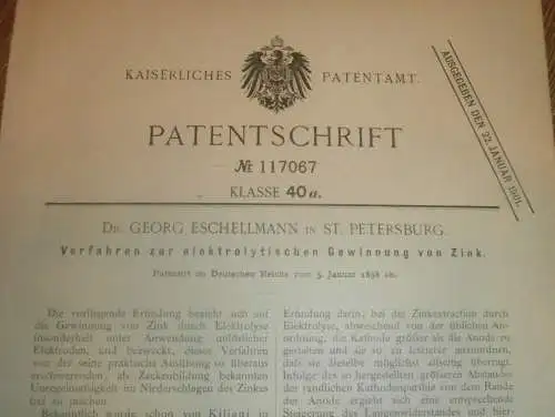 original Patent - Dr. Georg Eschellmann in St. Petersburg ,5.01.1898, Gewinnung von Zink , Chemie , Elektrolyse Russland