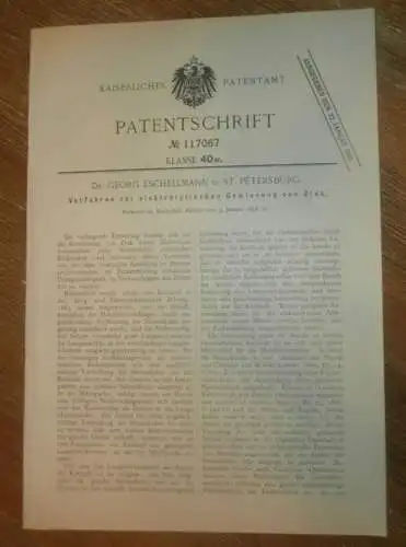 original Patent - Dr. Georg Eschellmann in St. Petersburg ,5.01.1898, Gewinnung von Zink , Chemie , Elektrolyse Russland