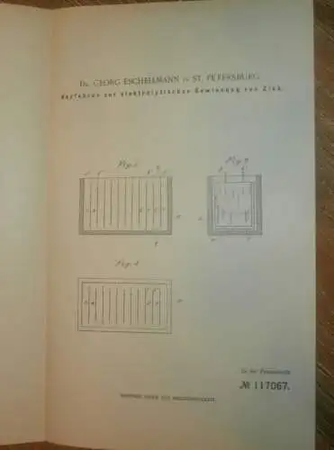 original Patent - Dr. Georg Eschellmann in St. Petersburg ,5.01.1898, Gewinnung von Zink , Chemie , Elektrolyse Russland