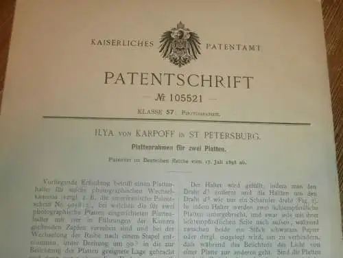 original Patent - Ilya von Karpoff in St. Petersburg , 17.07.1898 , Plattenrahmen für Camera , Photographie , Russland