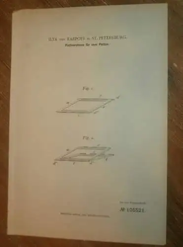 original Patent - Ilya von Karpoff in St. Petersburg , 17.07.1898 , Plattenrahmen für Camera , Photographie , Russland