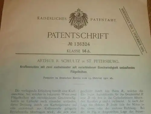 original Patent - Arthur Schultz in St. Petersburg , 19.10.1901 , Kraftmaschine , Motor , Maschinenbau , Russland !