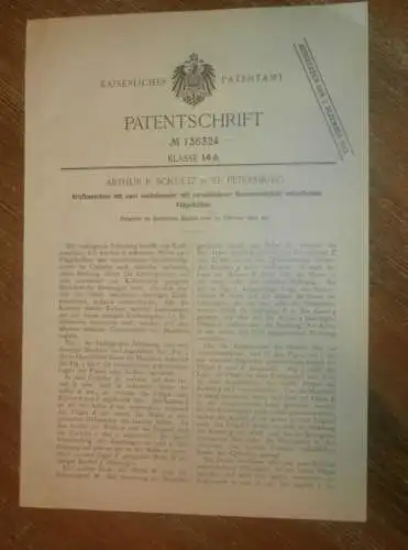 original Patent - Arthur Schultz in St. Petersburg , 19.10.1901 , Kraftmaschine , Motor , Maschinenbau , Russland !