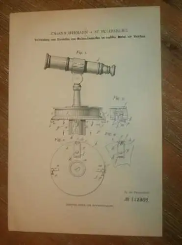 original Patent - Johann Hermann in St. Petersburg , 9.04.1899 , Messgerät für Fernrohr , Fernglas , Optik , Russland !