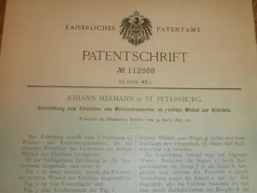 original Patent - Johann Hermann in St. Petersburg , 9.04.1899 , Messgerät für Fernrohr , Fernglas , Optik , Russland !