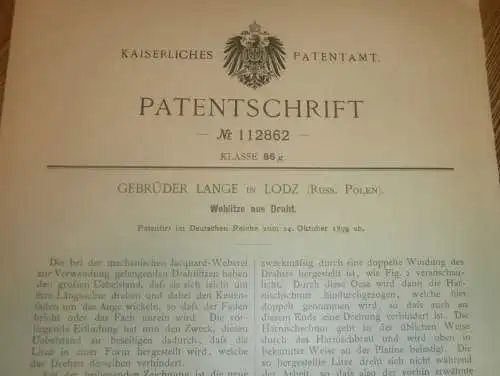 original Patent - Gebrüder Lange in Lodz in Polen , 24.10.1899 , Weblitze , Webstuhl , Weberei , Russland !