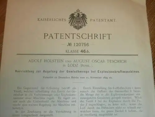 original Patent - Adolf Holstein und August Teschich in Lodz in Polen , 21.11.1899 , Regelung für Motor , Russland !