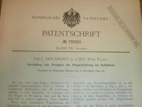 original Patent - Paul Desurmont in Lodz in Polen , 8.11.1893 , Apparat für Spinnerei , Russland !