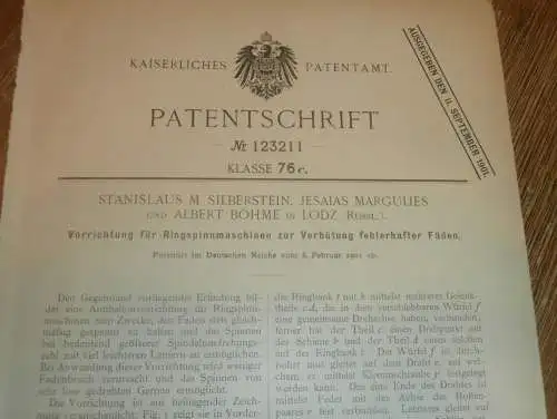 original Patent - S. Silberstein , J. Margulies und A. Böhme in Lodz in Polen , 8.02.1901 , Spinnmaschine , Russland !!