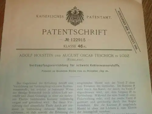 original Patent - Adolf Holstein und August Teschich in Lodz in Polen , 21.11.1899 , Verdampfer , Russland !!