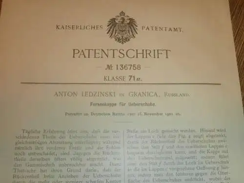 original Patent - Anton Ledzinski in Granica , 16.11.1901 , Fersenkappe für Schuhe , Schuster , Russland !!