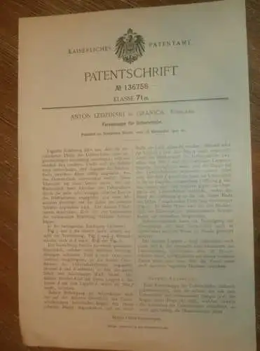 original Patent - Anton Ledzinski in Granica , 16.11.1901 , Fersenkappe für Schuhe , Schuster , Russland !!