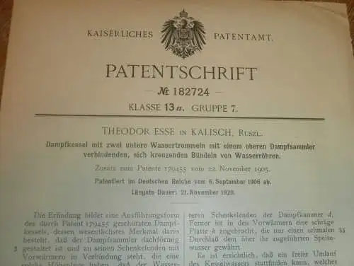 original Patent - Theodor Esse in Kalisch / Prosna , 6.09.1906 , Kalisz , Dampfkessel , Dampfmaschine , Russland !!