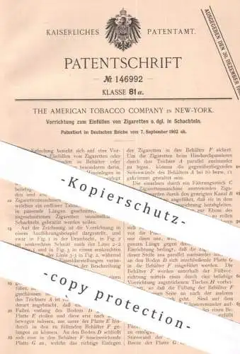 original Patent - The American Tobacco Company , New York USA , 1902 , Einfüllen von Zigaretten in Schachteln | Zigarren