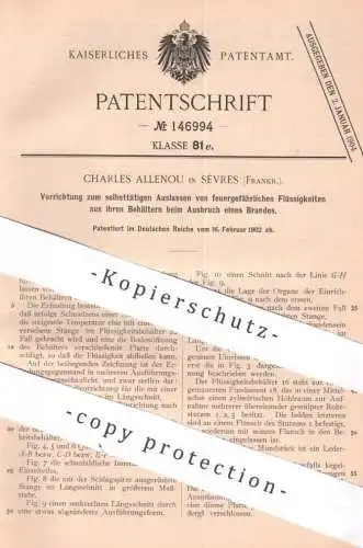 original Patent - Charles Allenou , Sèvres , Frankreich , 1902 , Auslassen von feuergefährlichen Flüssigkeiten bei Brand