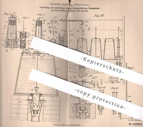 original Patent - Charles Allenou , Sèvres , Frankreich , 1902 , Auslassen von feuergefährlichen Flüssigkeiten bei Brand