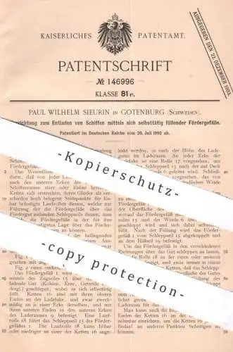 original Patent - Paul Wilhelm Sieurin , Gotenburg , Schweden , 1902 , Entladen von Schiffen | Schiff , Ladeluke