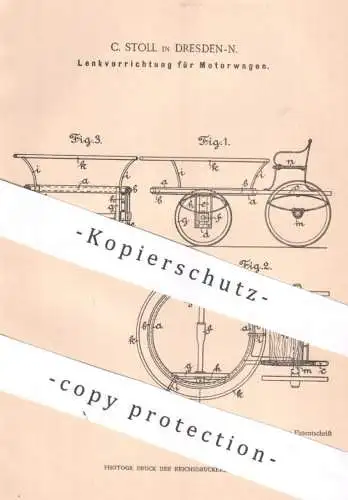 original Patent - C. Stoll , Dresden , 1899 , Lenkung für Motorwagen | Lenkrad | Oldtimer , Automobile , Auto !!
