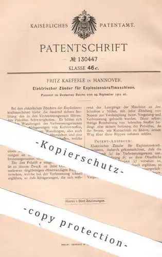 original Patent - Fritz Kaeferle , Hannover | 1901 | Elektrischer Zünder für Explosionskraftmaschine | Gasmotor Zündung