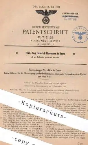 original Patent - Fried. Krupp AG | Heinrich Herrmann , Essen | 1938 | Kurbel Welle | Oldtimer Automobile Motorfahrzeug