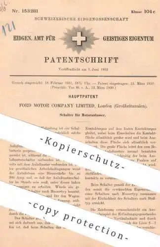 original Patent - FORD Motor Company Ltd. , London , England | 1932 | Schalter für Motoranlasser | Oldtimer | Motor