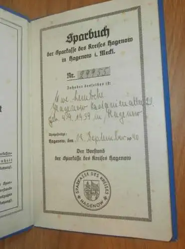 altes Sparbuch Hagenow ,1940 - 1944 , Uwe Lemcke in Hagenow  i. Mecklenburg , Sparkasse , Bank !!!
