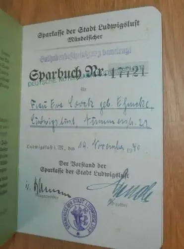 altes Sparbuch Ludwigslust ,1940 - 1944 , Eva Loock geb. Elmcke in Ludwigslust i. Mecklenburg , Sparkasse , Bank !!!