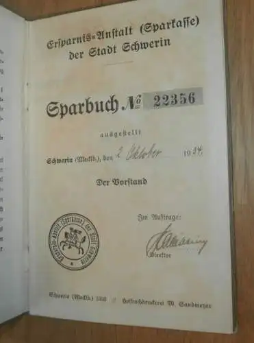 altes Sparbuch Schwerin ,1934 - 1945 ,  Dietrich Hildebrandt in Schwerin i. Mecklenburg , Sparkasse