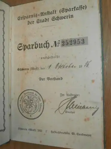 altes Sparbuch Schwerin ,1936 - 1945 , Versorgungsanwärter August Lenz in Schwerin i. Mecklenburg , Sparkasse