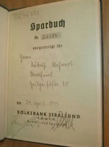 altes Sparbuch Stralsund , 1944 - 1945 , Rudolf Wofuart in Stralsund i. Mecklenburg , Sparkasse , Bank !!