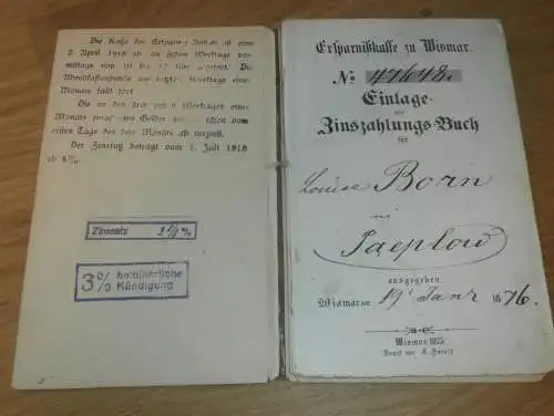 altes Sparbuch Wismar , 1876 - 1945 , Louise Born in Paeplow i. Mecklenburg , Sparkasse , Bank !!