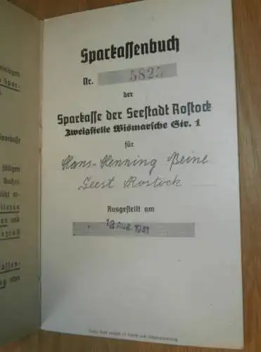 altes Sparbuch Rostock , 1941 - April 1945 , Hans-Henning Peine in Rostock i. Mecklenburg , Sparkasse , Bank