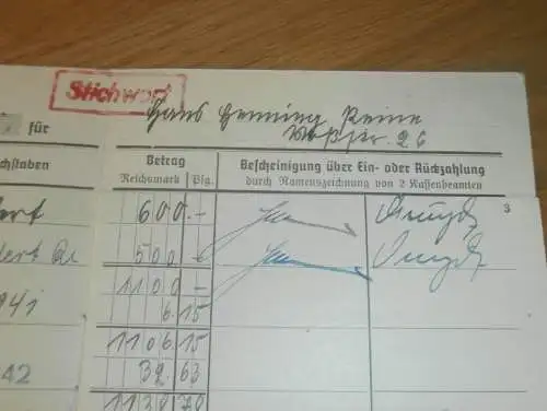 altes Sparbuch Rostock , 1941 - April 1945 , Hans-Henning Peine in Rostock i. Mecklenburg , Sparkasse , Bank