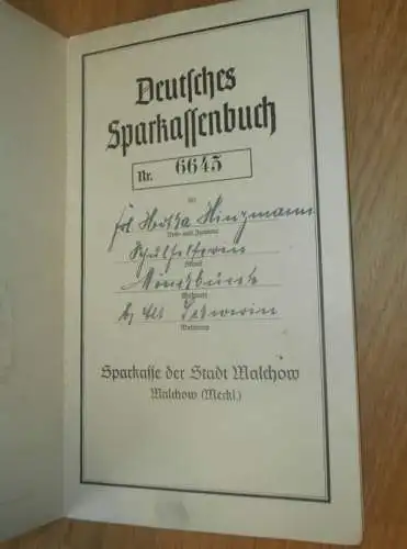 altes Sparbuch Malchow ,1942 - 1944 , Hertha Hinzmann in Mönchbusch b. Alt Schwerin i. Mecklenburg , Sparkasse , Bank