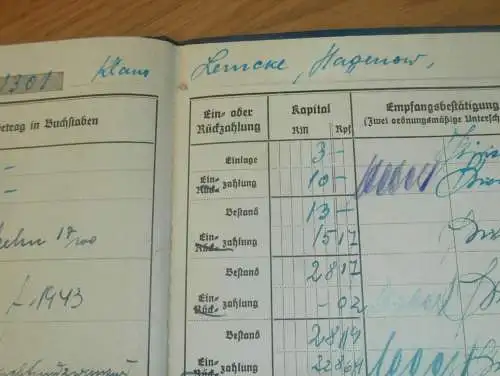 altes Sparbuch Hagenow ,1943 - 1944 , Klaus Lemcke in Hagenow i. Mecklenburg , Sparkasse , Bank !!!