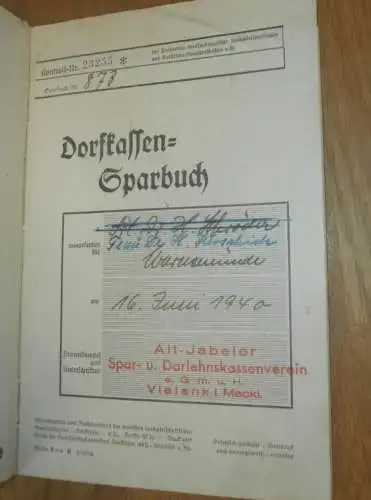 altes Sparbuch Alt Jabel / Vielank , 1940 - 1945, Dr. Hildegard Jürschick in Rostock Warnemünde i. Mecklenburg Sparkasse
