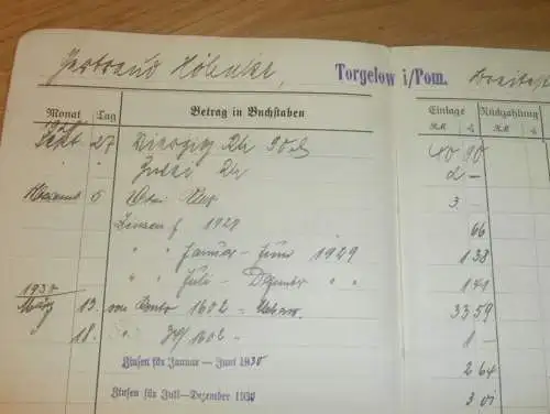 altes Sparbuch Torgelow i. Pom. , 1928  - 1945 , Gertrud Köhnke in Torgelow b. Ueckermünde i. Mecklenburg , Sparkasse